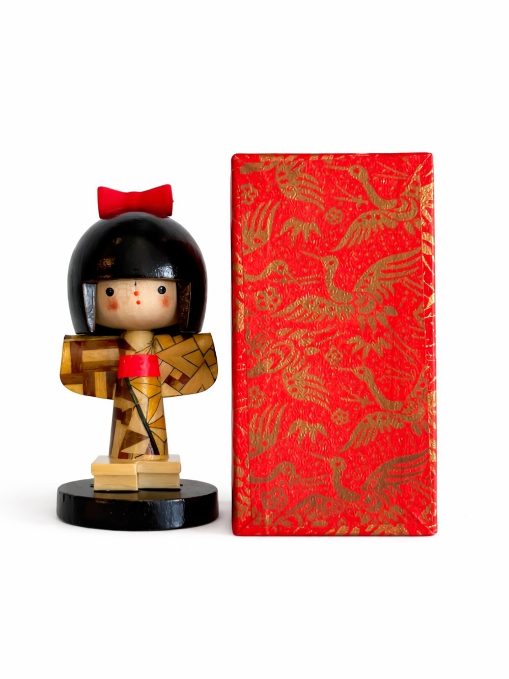 Japanese Hakone Yosegi Zaiku Kokeshi Doll Wood Marquetry Inlay Folk Art NIB